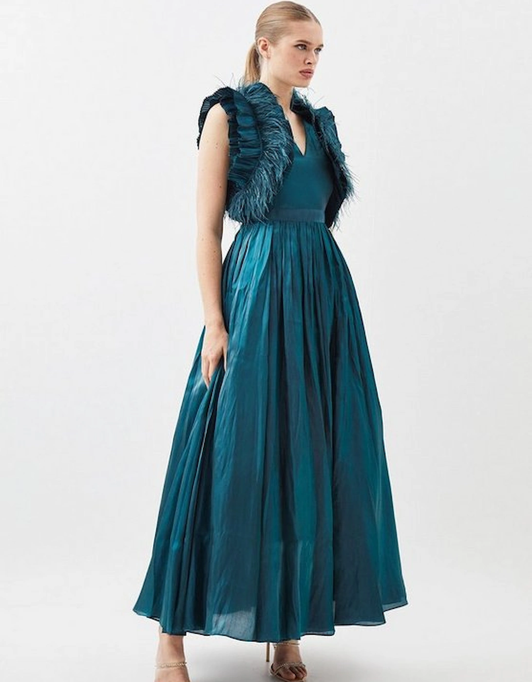 Metallic Feather Ruffle Woven Maxi Dress