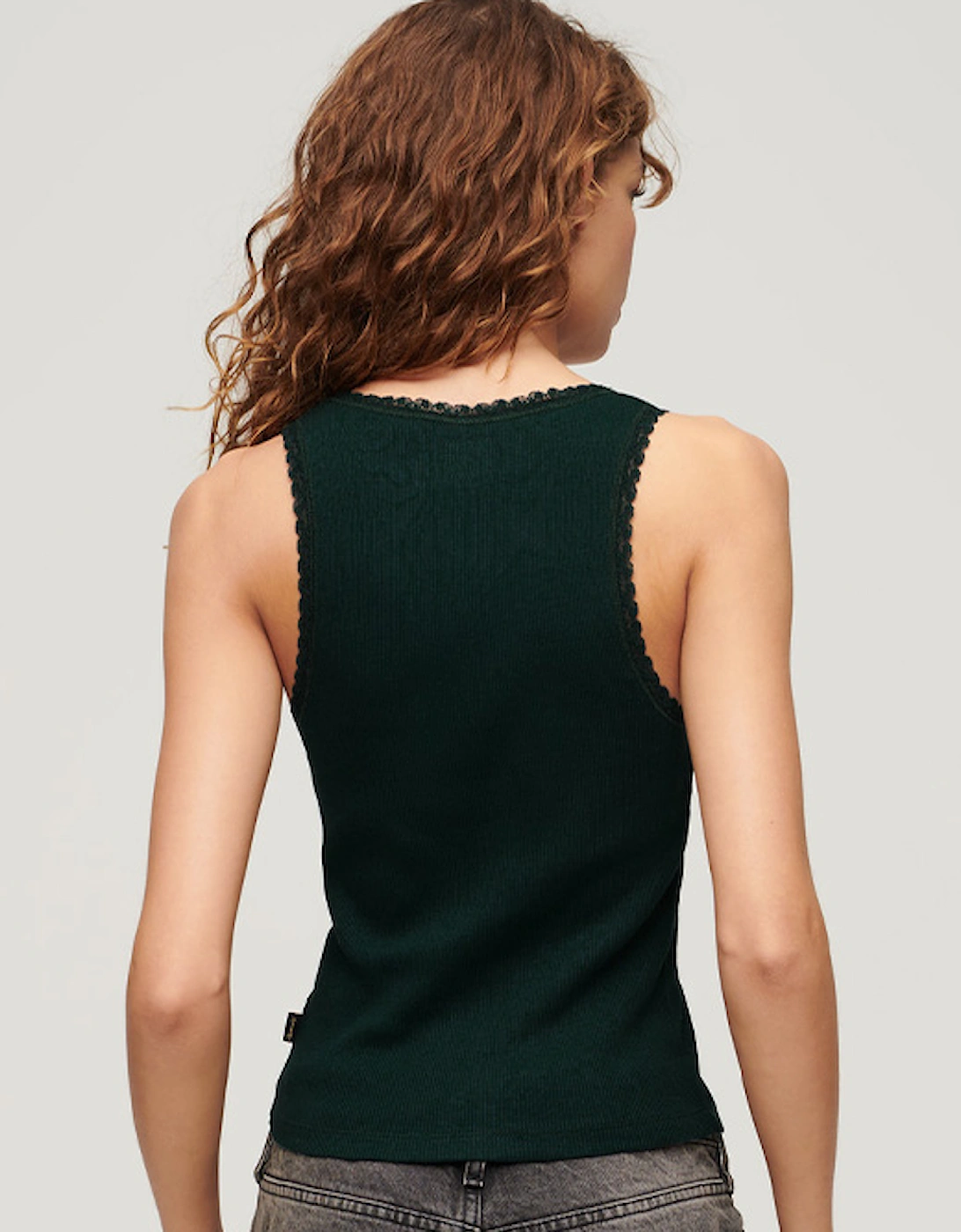 Women's Vintage Lace Trim Vest Dark Pine Green