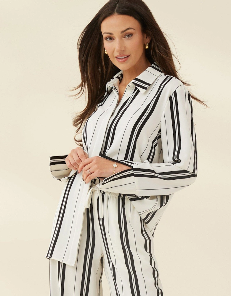 Co-Ord Printed Stripe Satin Shirt - Black/White 