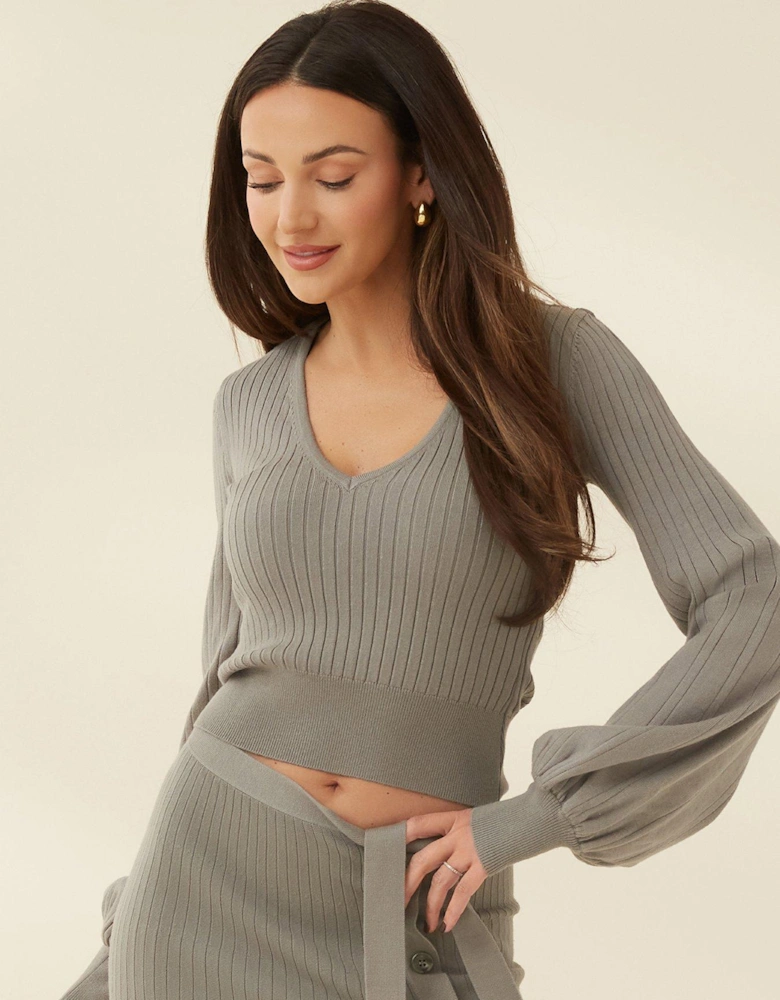 Knitted Long Sleeve V Neck Top - Olive 