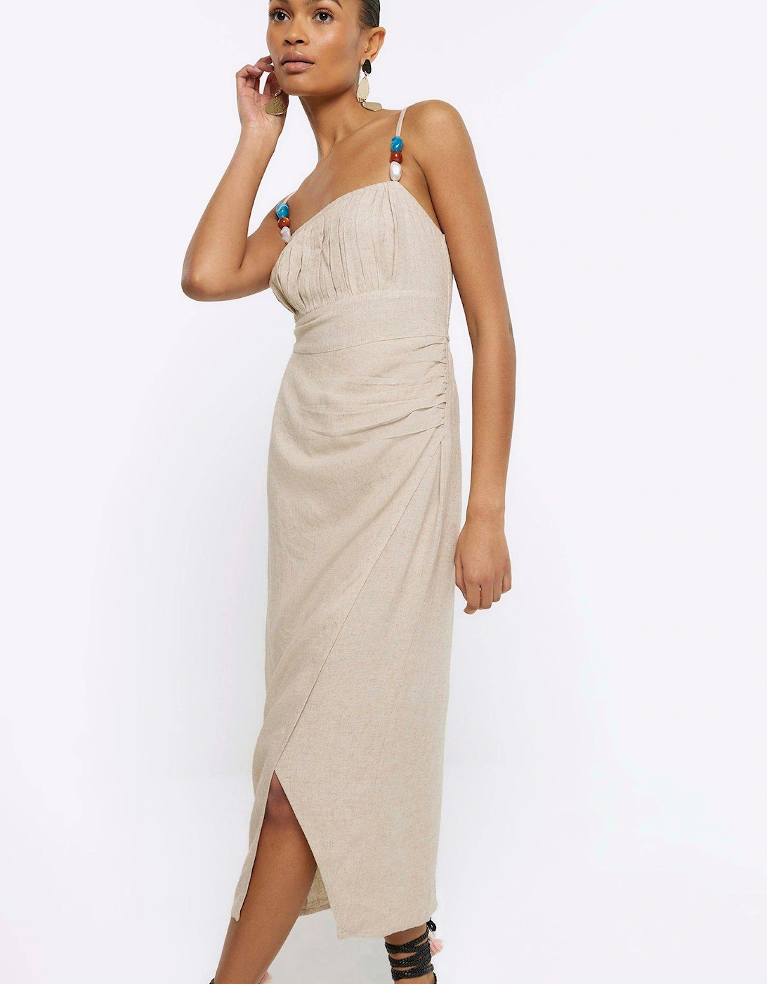 Ruched Linen Midi Dress - Light Beige, 2 of 1