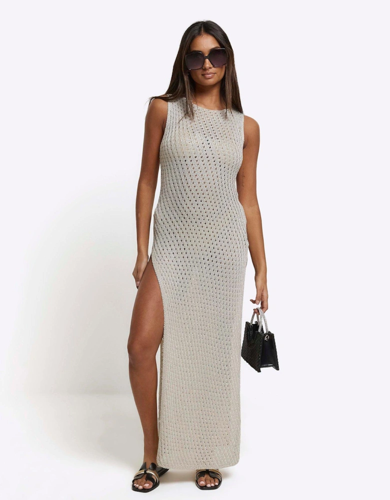 Crochet Split Maxi Dress - Silver