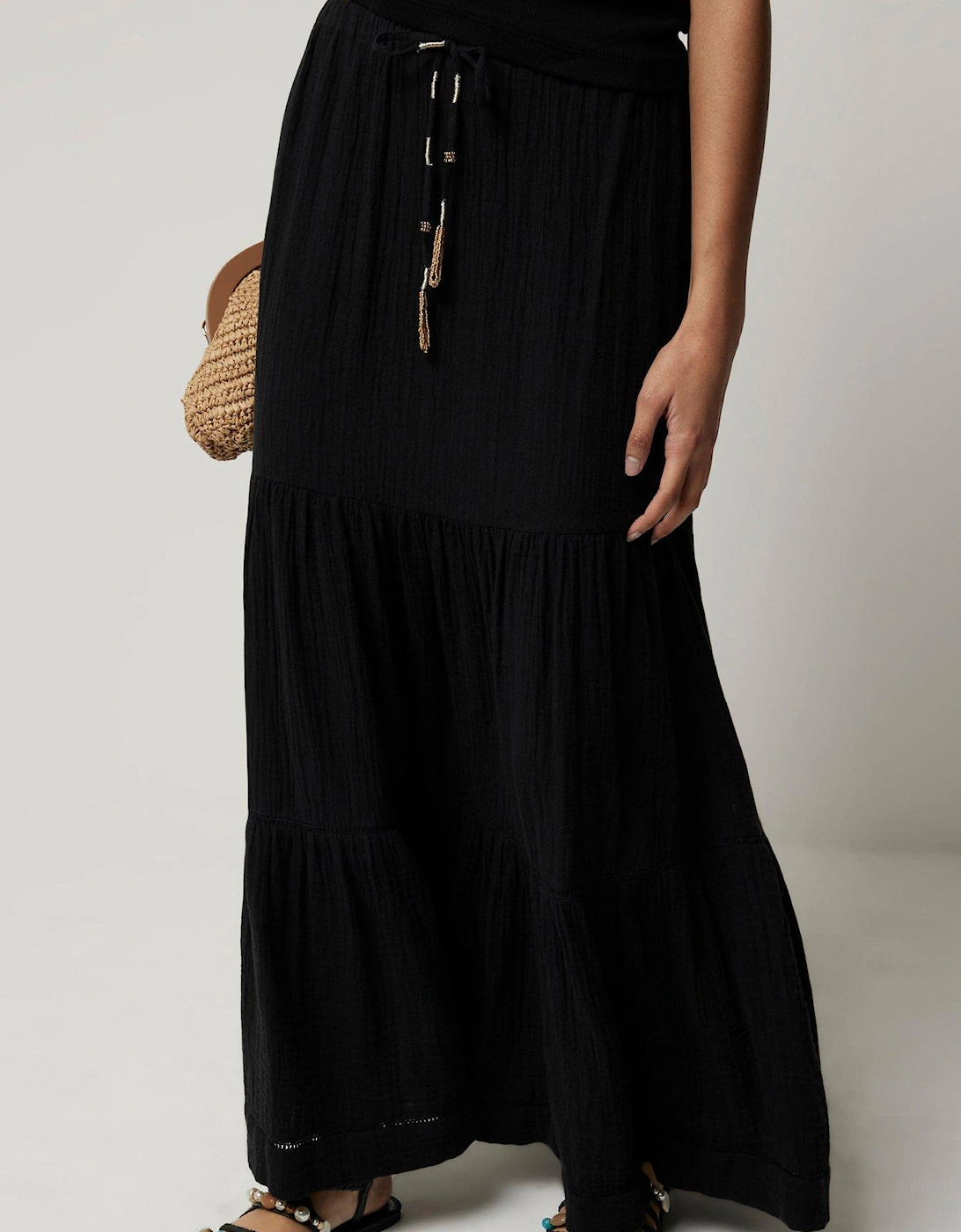 Textured Cotton Tiered Maxi Skirt - Black, 2 of 1