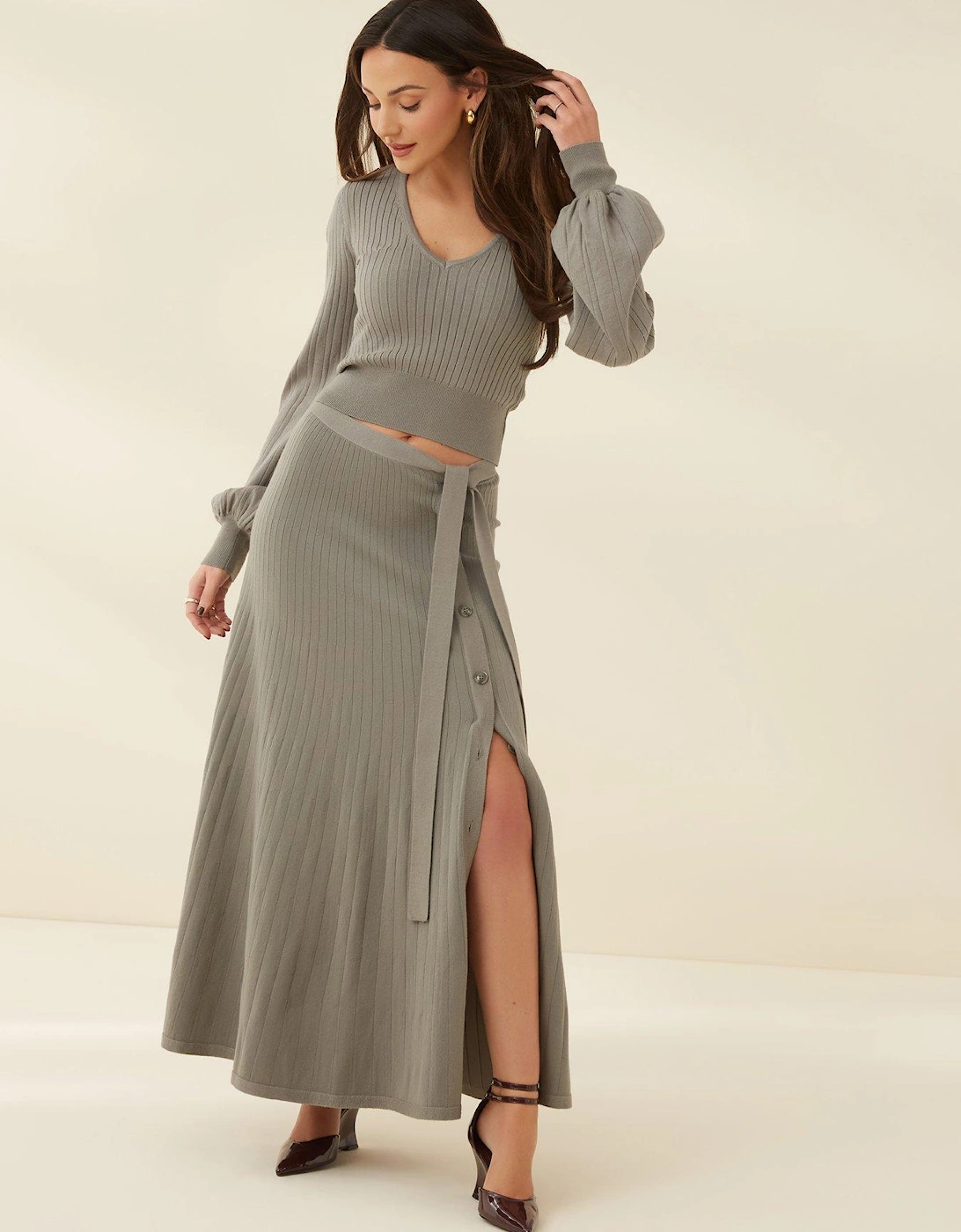 Knitted Midaxi Wrap Skirt - Olive, 2 of 1