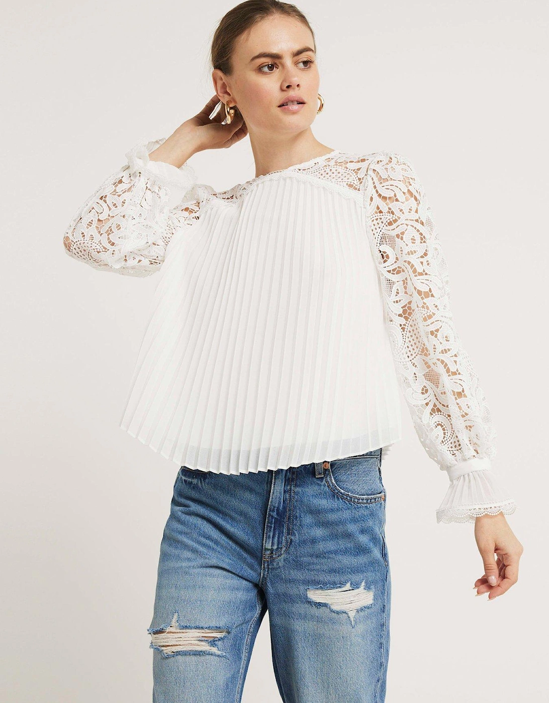 Pleated Lace Blouse - White, 6 of 5