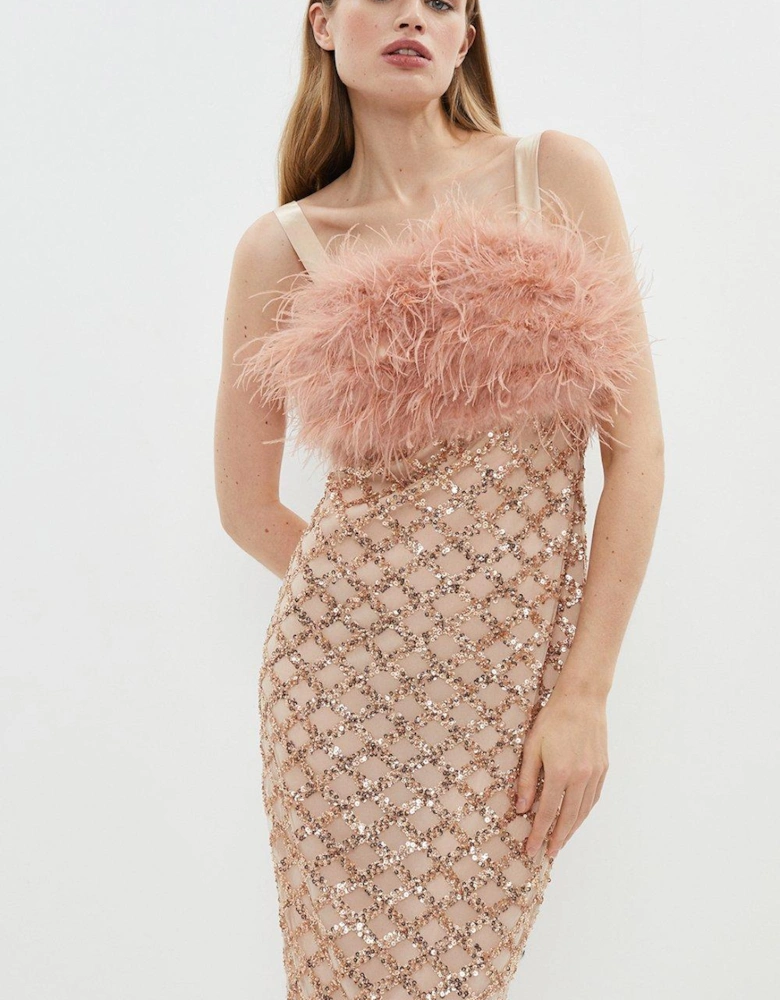 Sequin Midi Dress With Feather Trim