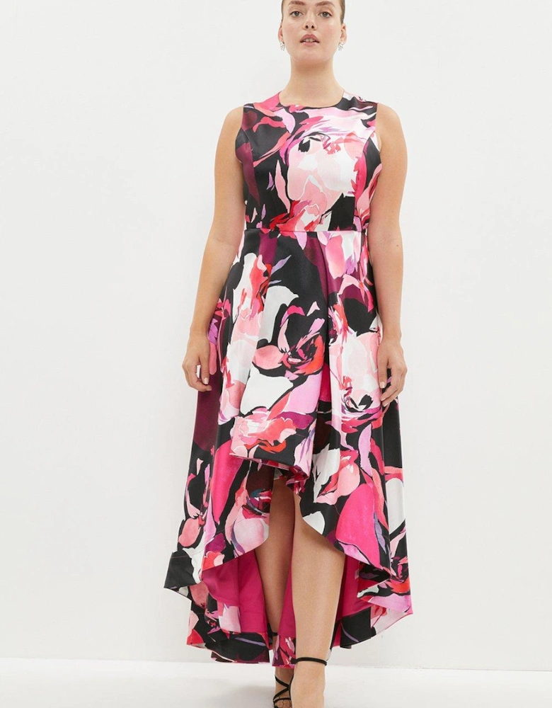 Plus Size High Low Twill Printed Midi Dress