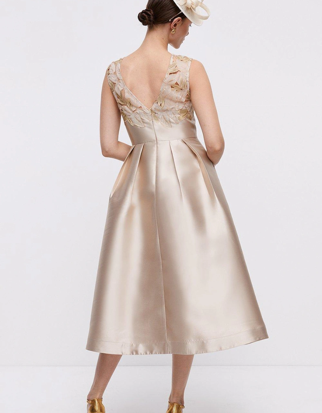 Cutwork Lace Trim Full Skirt Midi Dress