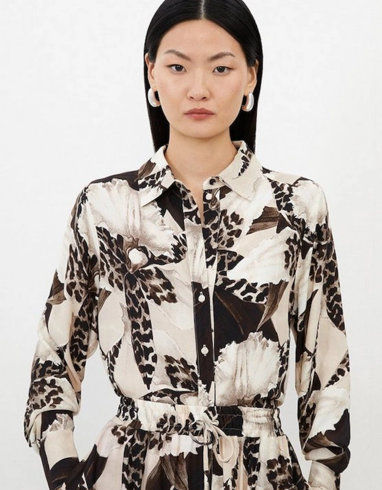 Ecru Floral Printed Button Up Woven Shirt