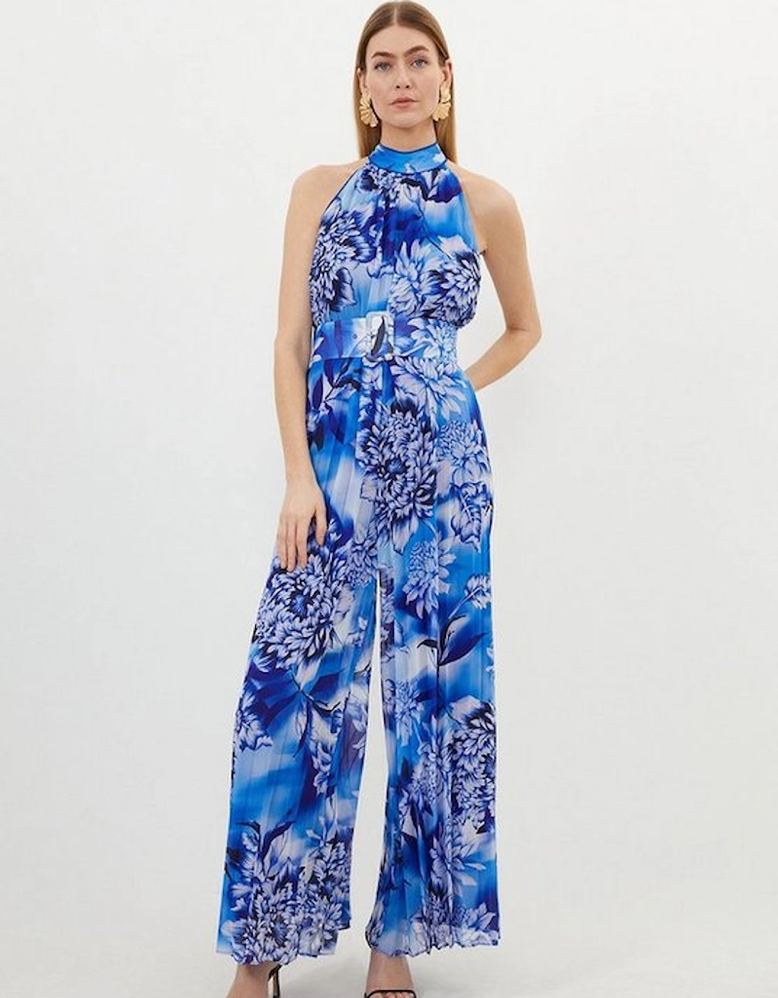 Petite Blue Floral Georgette Woven Halter Pleated Jumpsuit, 4 of 3