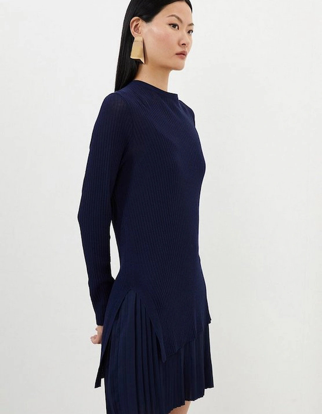 Rib Knitted 2 In 1 Dress With Georgette Pleated Slip
