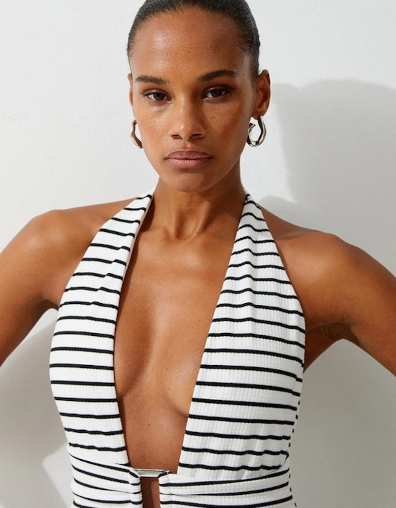 Tall Textured Stripe Trim Detail High Cut Swimsuit