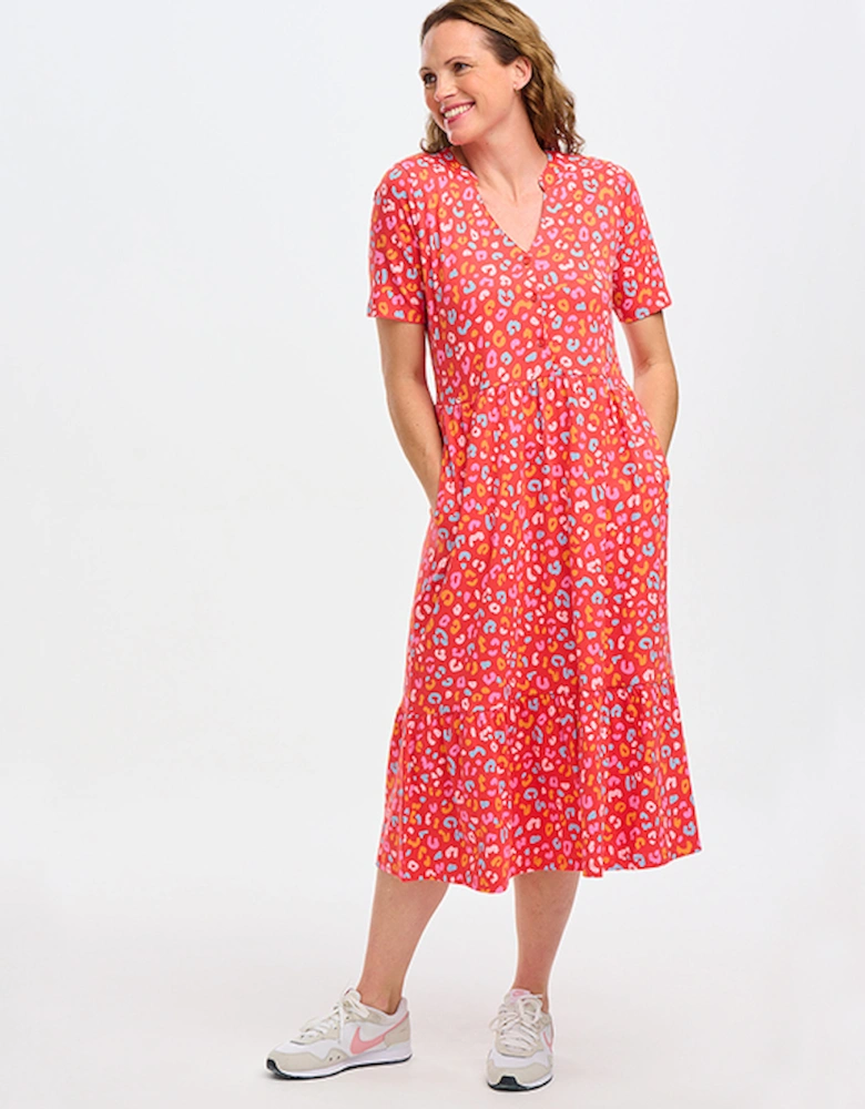 Heather Jersey Midi Smock Dress Red Summer Leopard