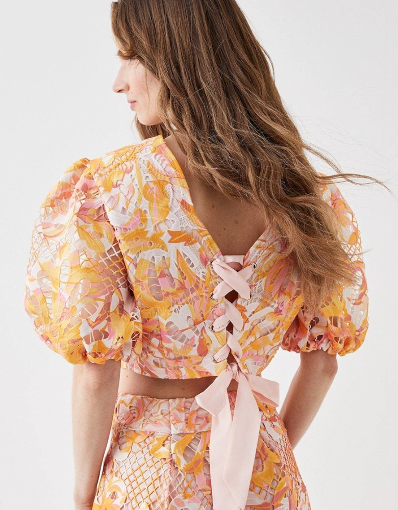 Alexandra Farmer Printed Lace Blouson Sleeve Top