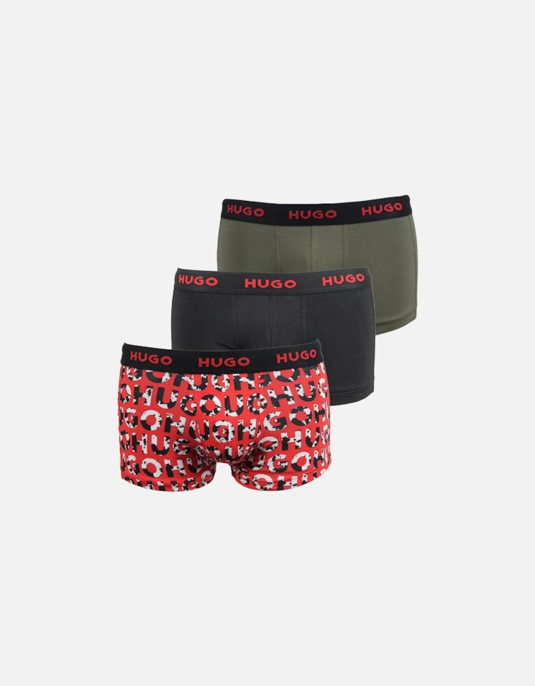 3-Pack Logo Print Boxer Trunks, Red/Olive/Black