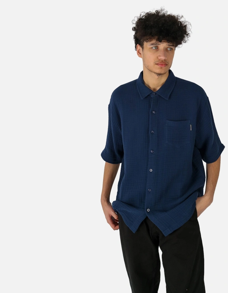 Enzi Seersucker Button Through Blue Shirt