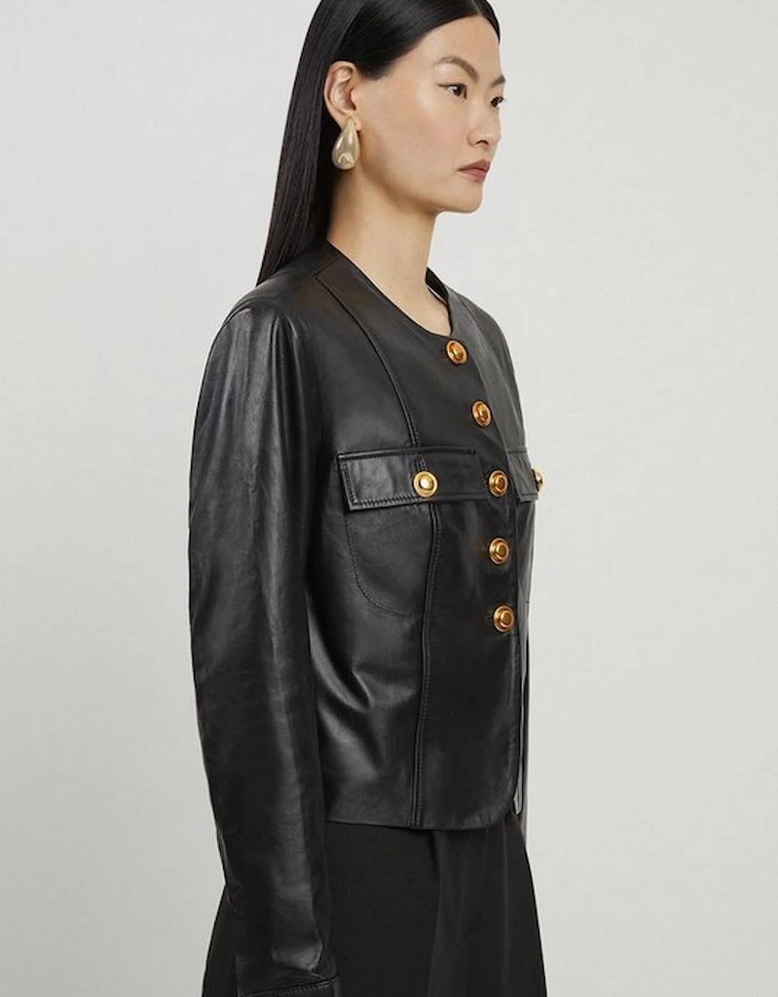 Leather Button Through Collarless Jacket