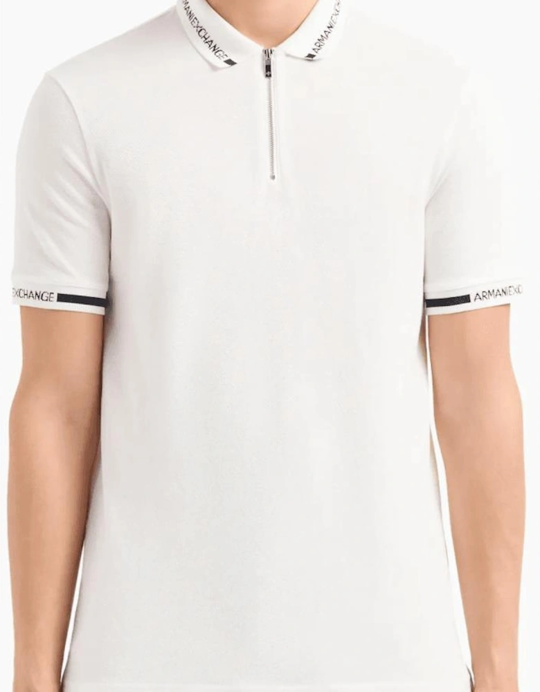 Cotton Embroidered Logo White Zip Polo Shirt