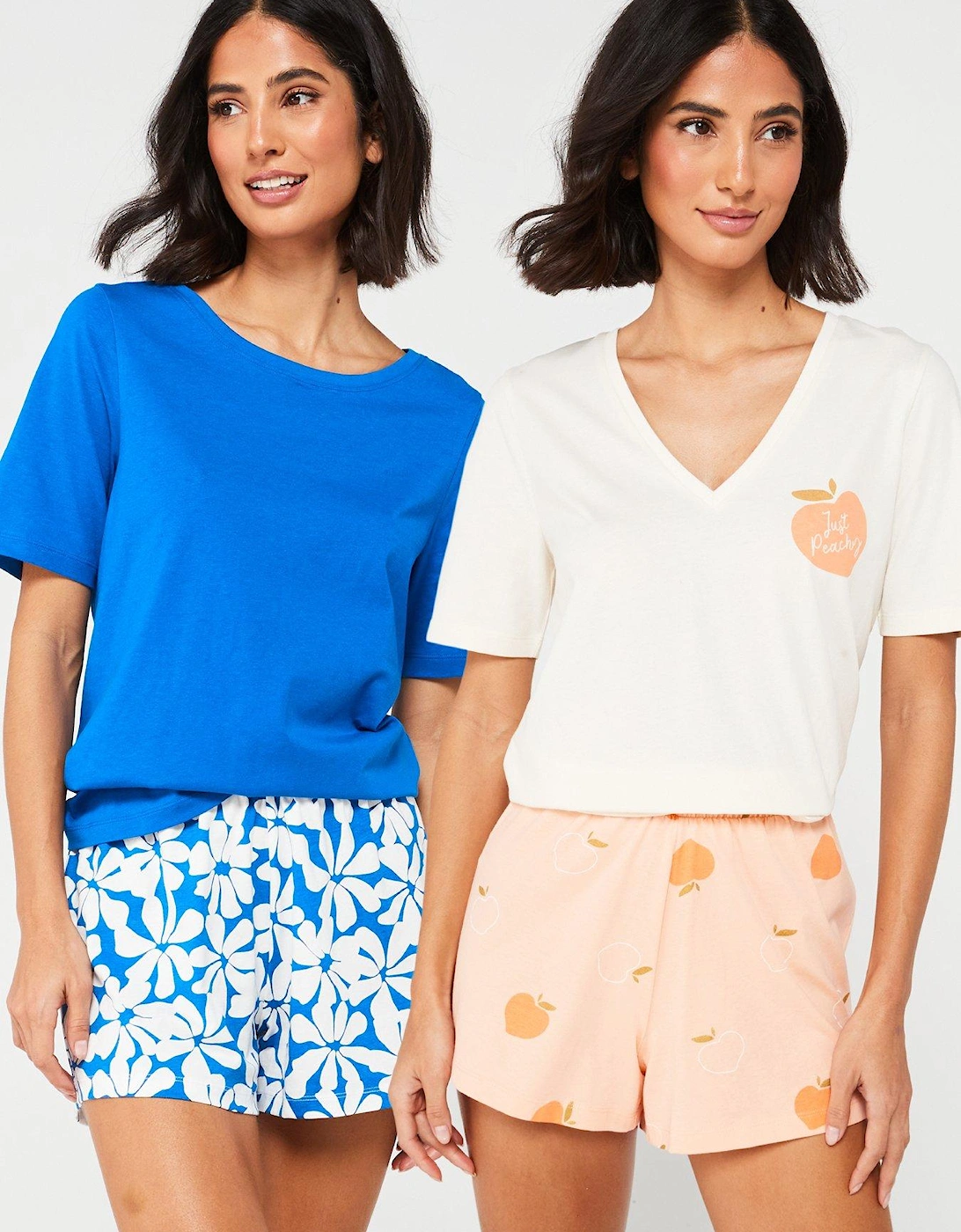 2 Pack Printed Cotton Short Pyjama Set - Blue/Peach, 2 of 1
