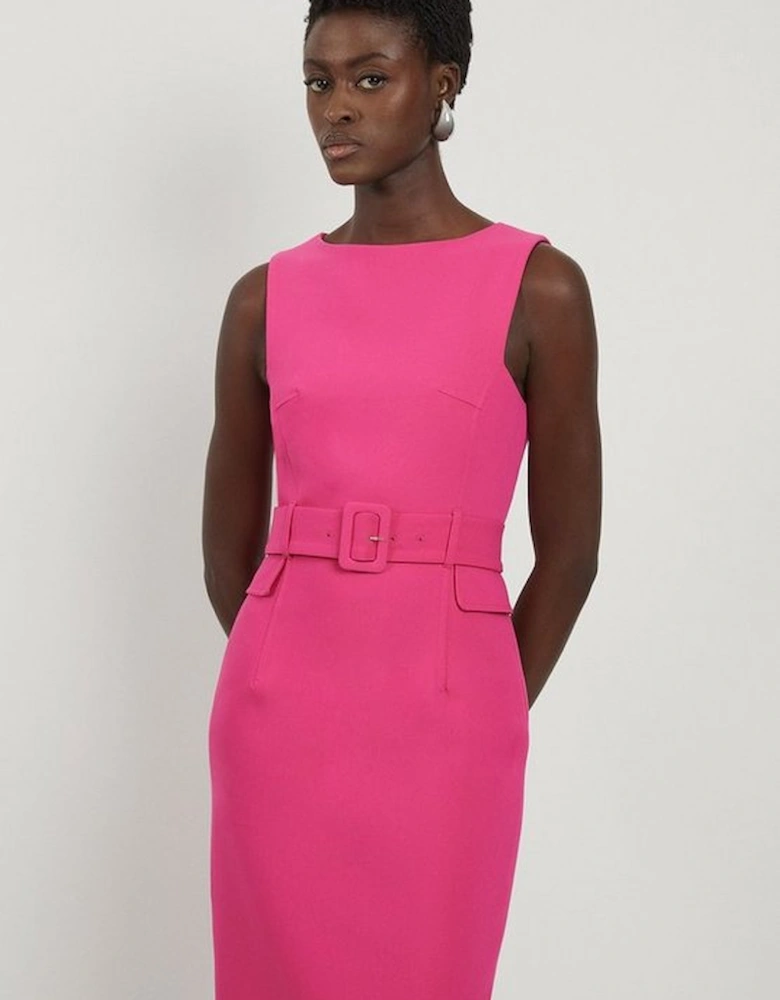 Compact Stretch Belted Tailored Midi Pencil Dress