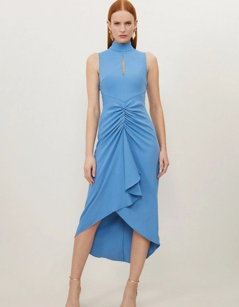Soft Tailored Ruched Front High Neck Midi Dress