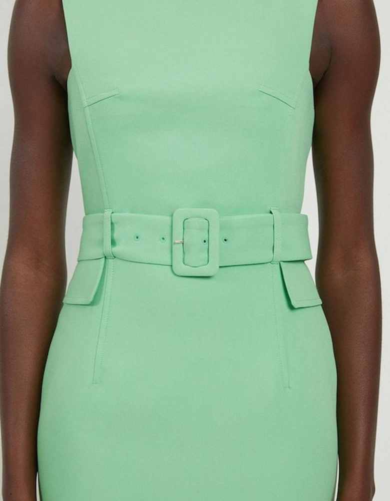Compact Stretch Belted Tailored Midi Pencil Dress