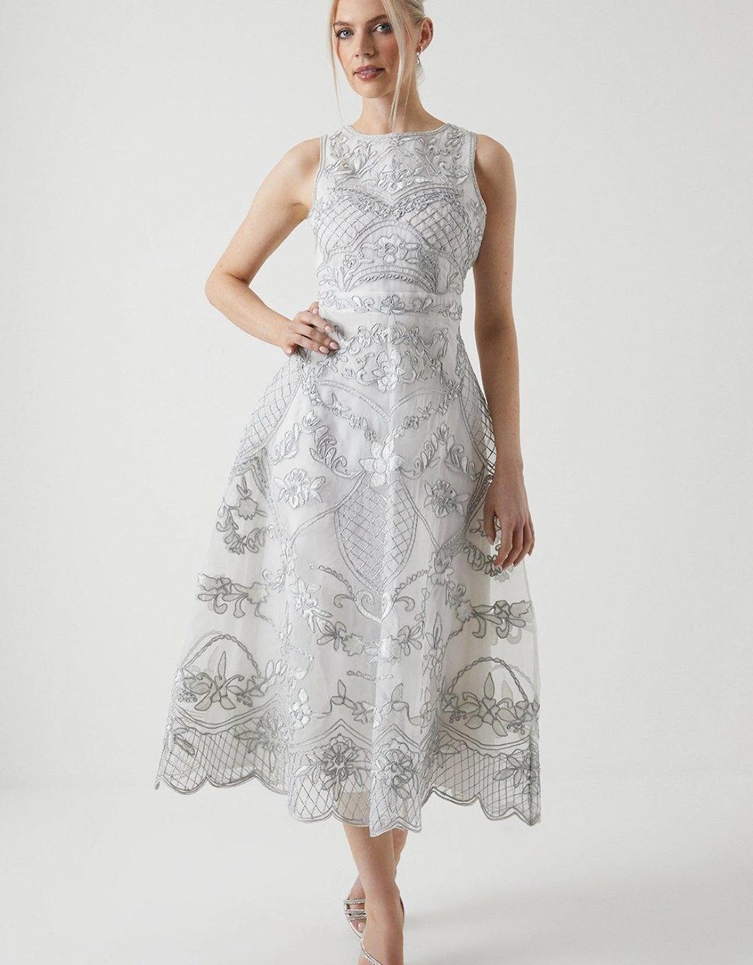 Premium Metallic Embroidered Organza Midi Wedding Dress, 6 of 5