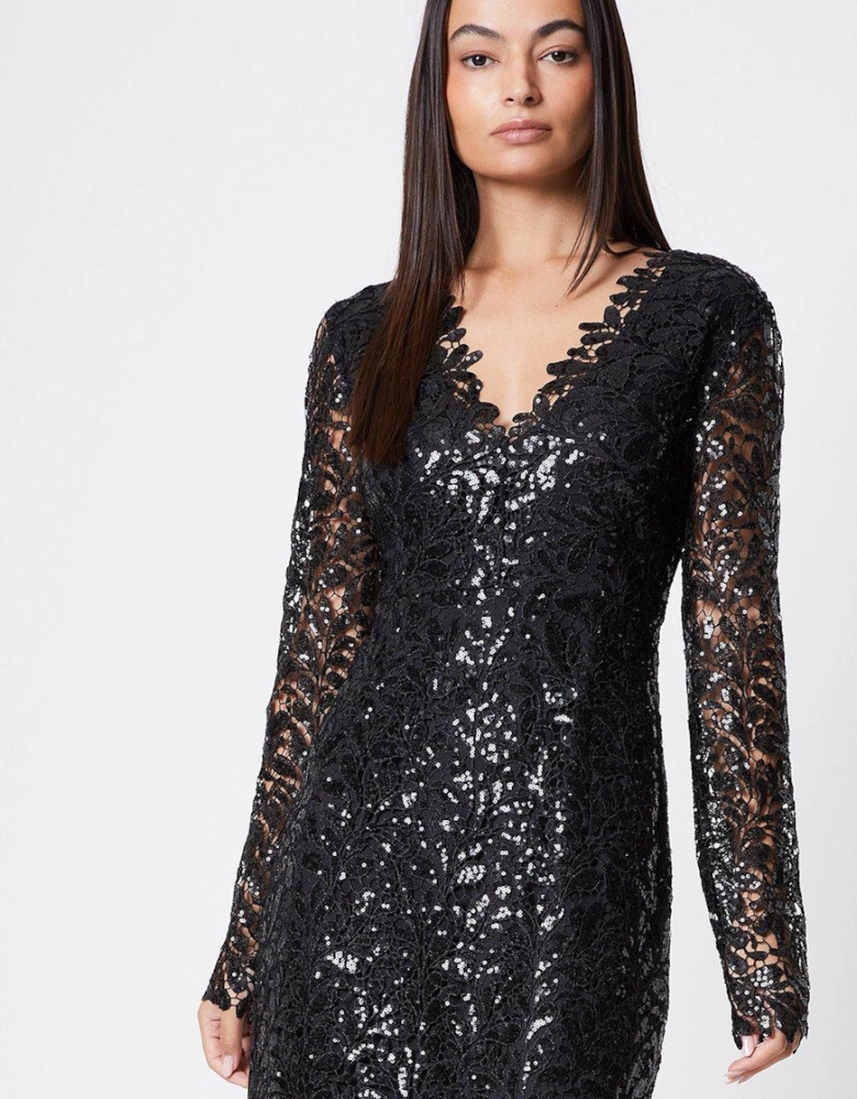 Sequin Lace Sheer Sleeve Pencil Dress