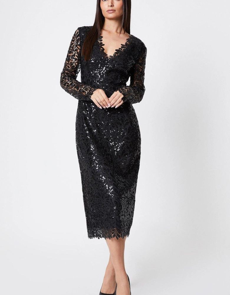 Sequin Lace Sheer Sleeve Pencil Dress