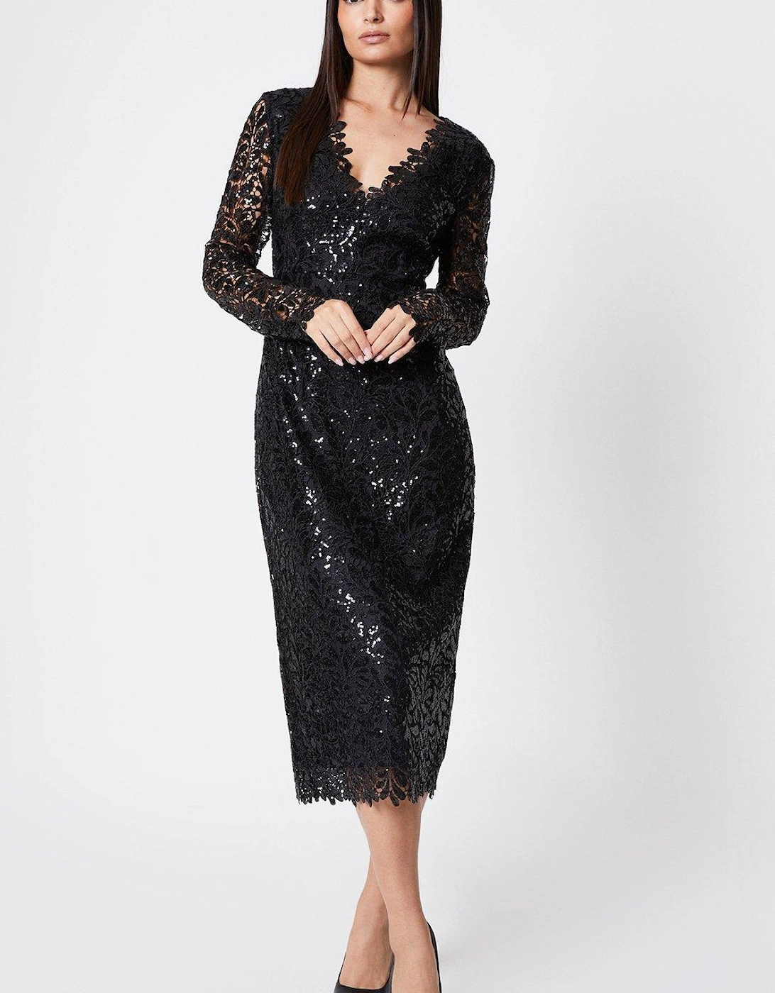 Sequin Lace Sheer Sleeve Pencil Dress, 6 of 5