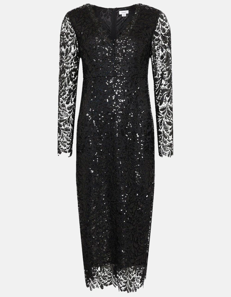 Sequin Lace Sheer Sleeve Pencil Dress