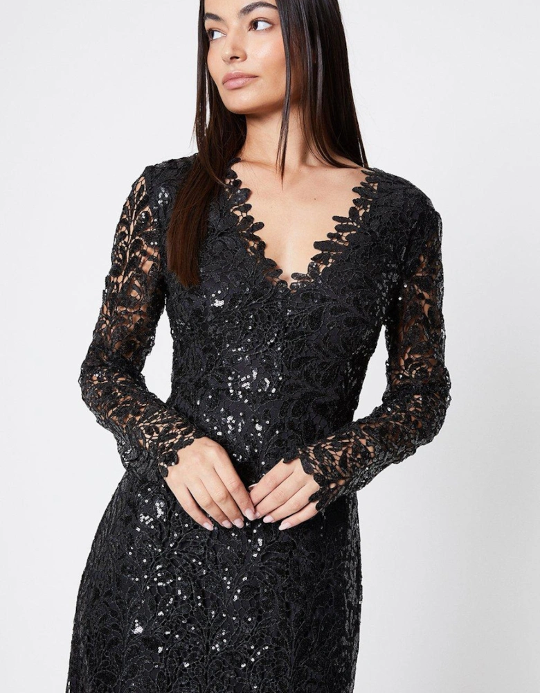 Sequin Lace Sheer Sleeve Pencil Dress
