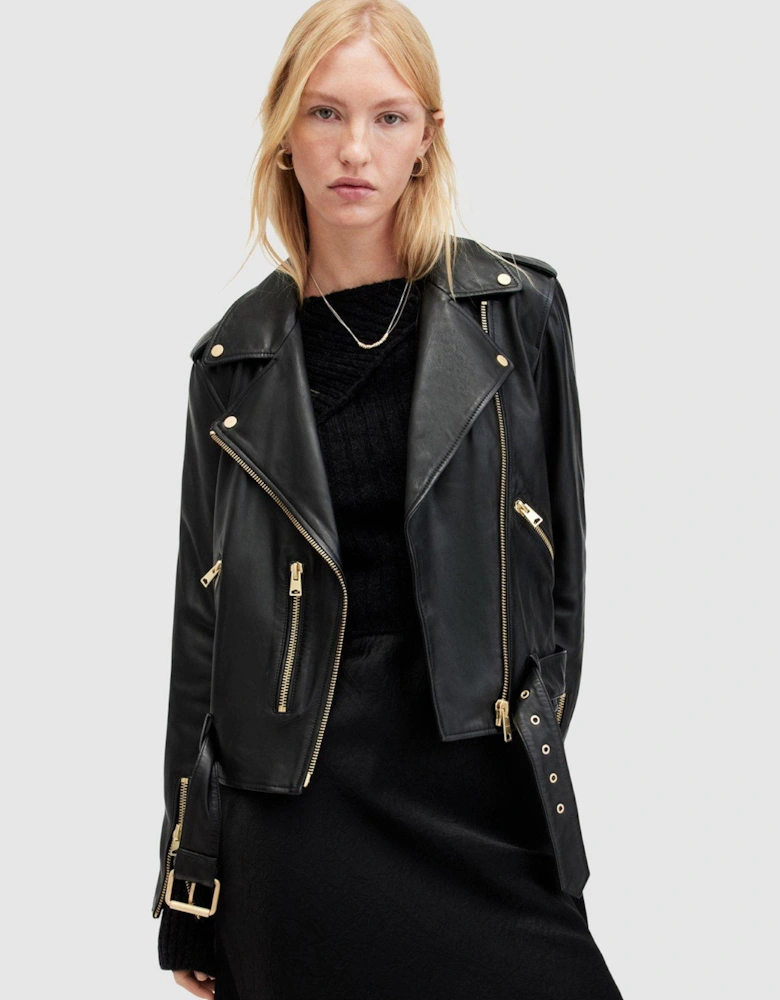 Balfern Belted Hem Leather Biker Jacket - Black 