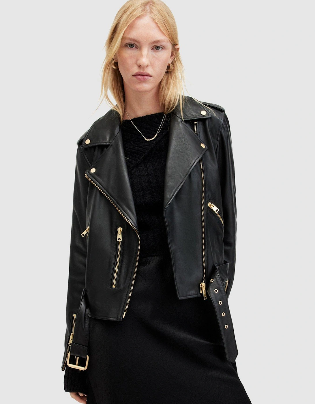 Relaxed Fit Balfern Belted Hem Leather Biker Jacket - Black, 2 of 1