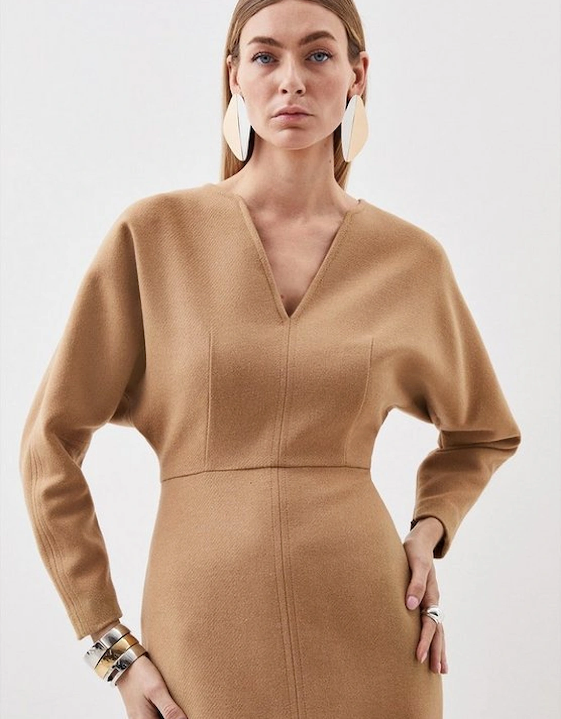 Tailored Wool Blend Rounded Sleeve Double Faced Midi Dress
