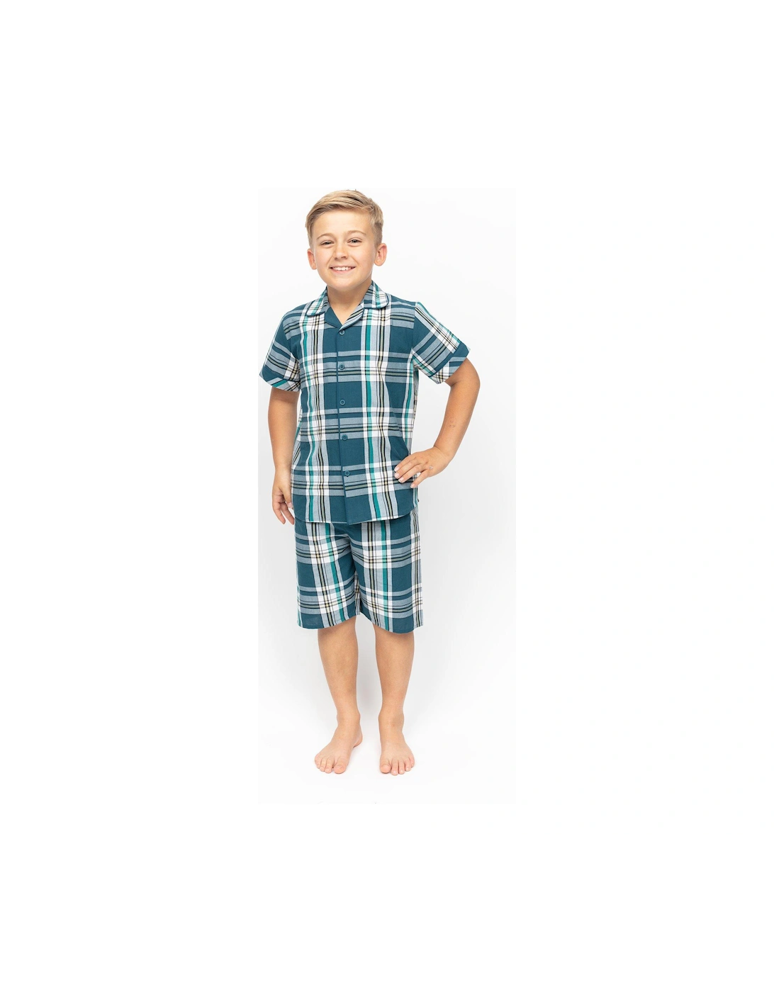 Boys Cove Check Shorty Pyjamas - Teal, 2 of 1
