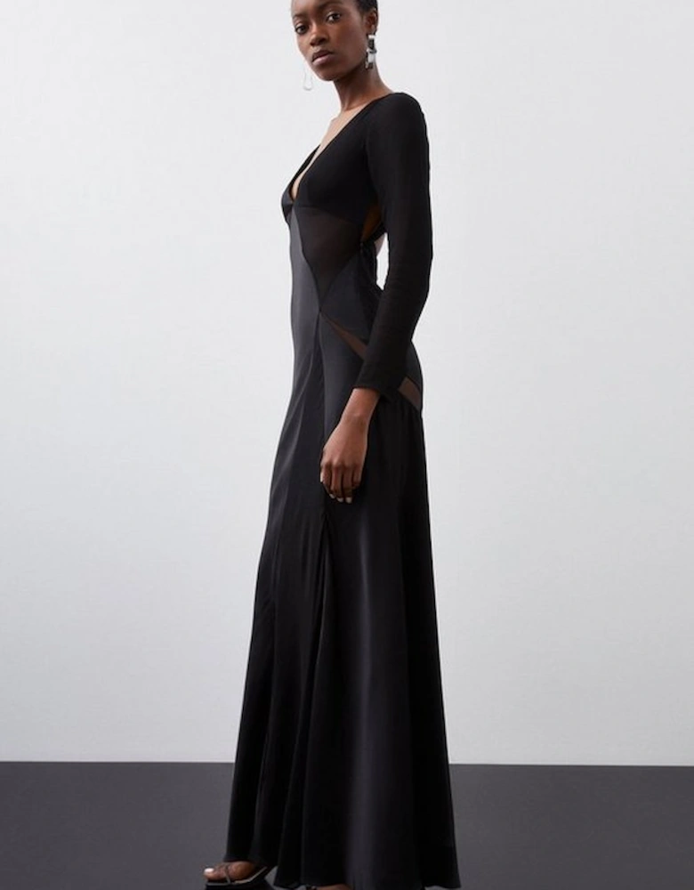 Ooto Sheer Panneled Long Sleeve Woven Maxi Dress