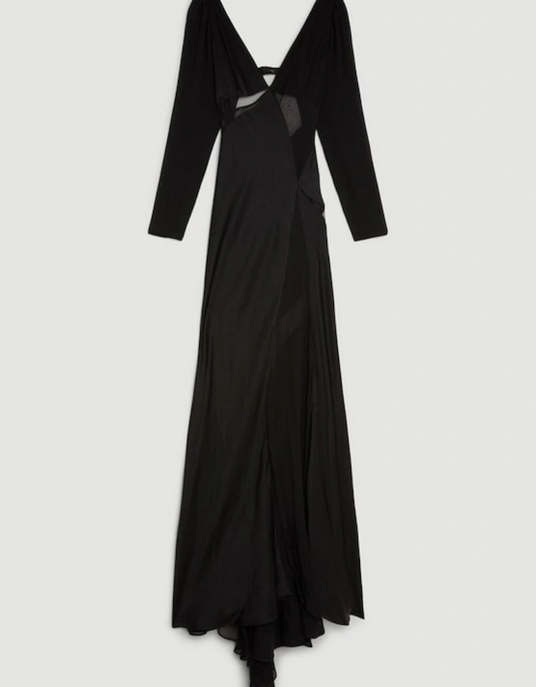 Ooto Sheer Panneled Long Sleeve Woven Maxi Dress