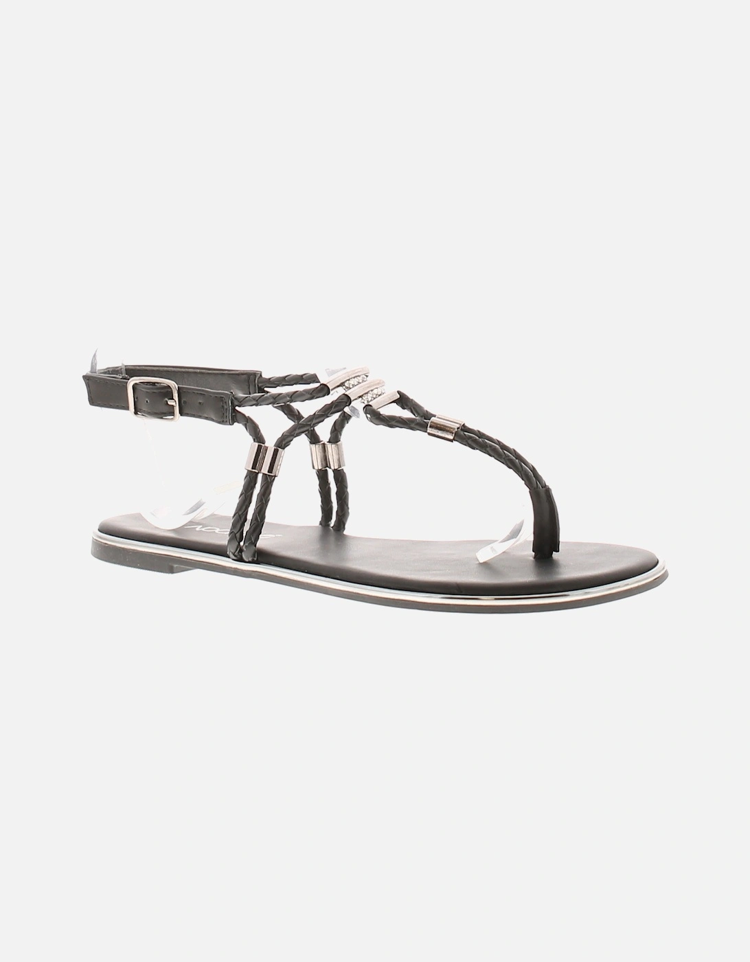 Womens Flat Sandals Toe-Post Blunt Buckle black UK Size, 6 of 5