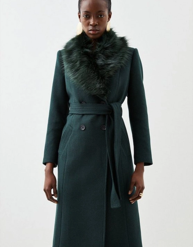 Italian Manteco Wool Blend Faux Fur Double Breasted Belted Midi Coat
