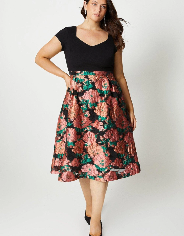 Plus 2 In 1 Midi Dress With Ponte Top & Jacquard Skirt