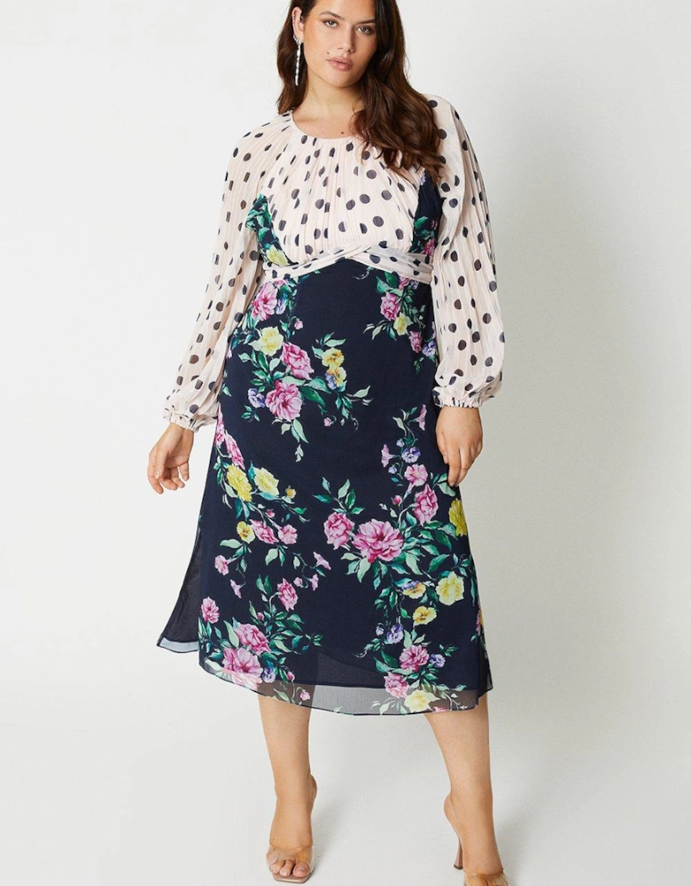 Plus Size Print Mix Pleated Sleeve Midi Dress