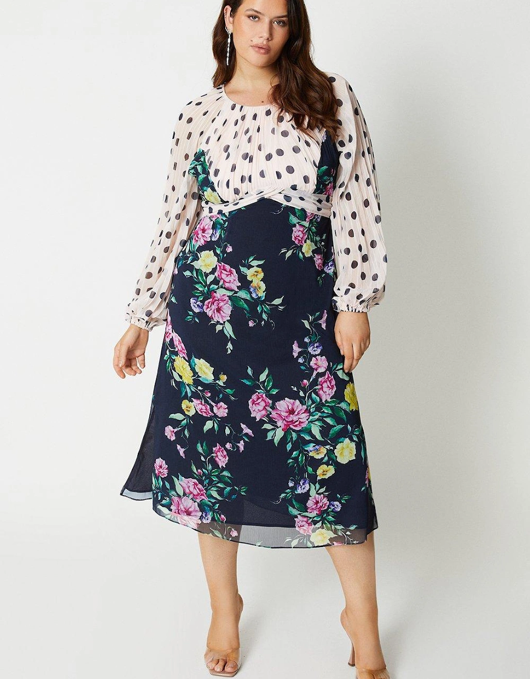 Plus Size Print Mix Pleated Sleeve Midi Dress, 5 of 4