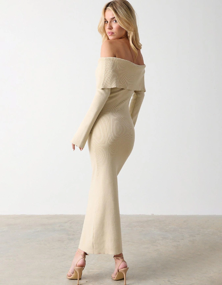 Soreya Bardot Knit Midi Dress - Beige