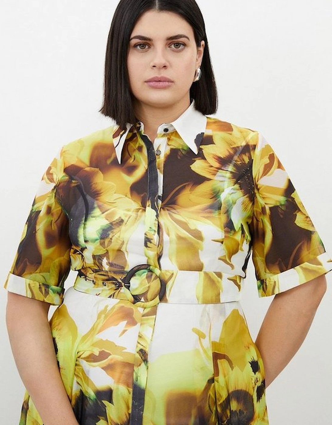 Plus Size Photographic Floral Organdie Midaxi Shirt Dress