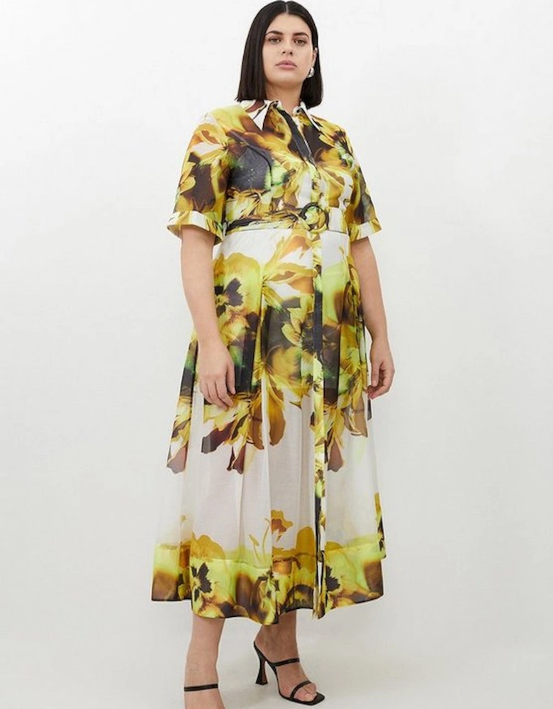 Plus Size Photographic Floral Organdie Midaxi Shirt Dress