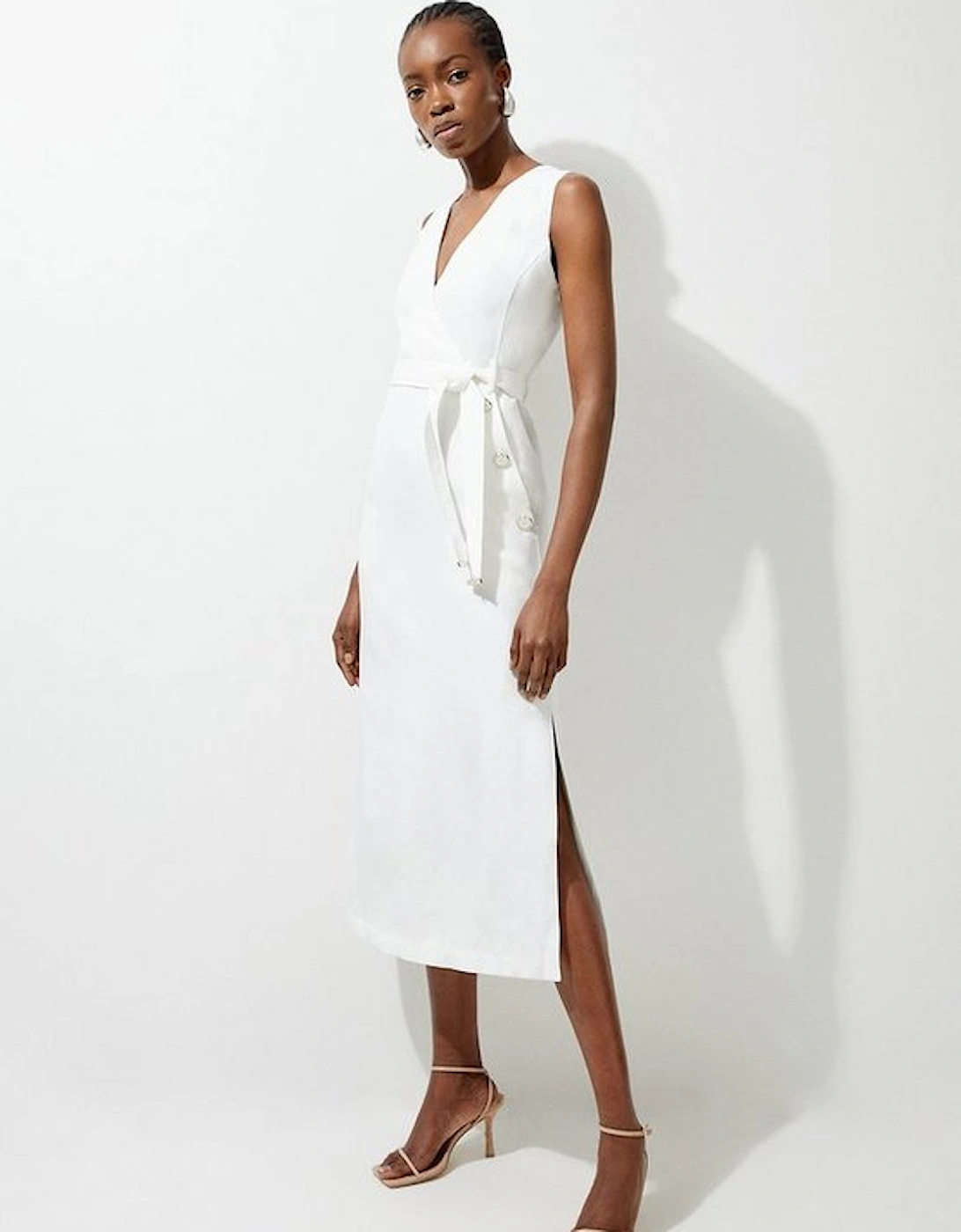 Premium Linen Tailored Button Detail Belted Midi Dress, 4 of 3