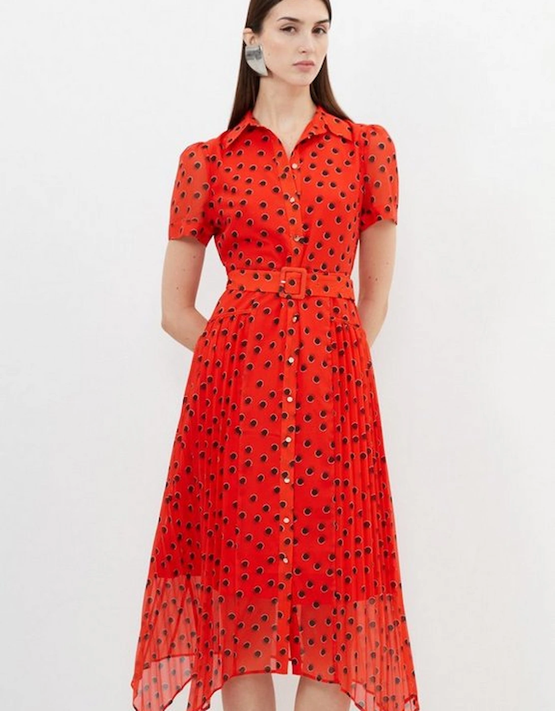 Spot Print Pleated Georgette Woven Shirt Midi Dress, 5 of 4