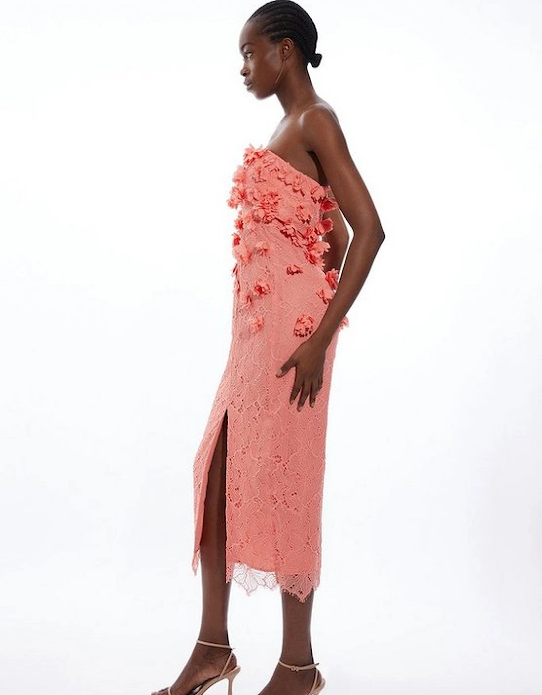Petal Floral Applique On Lace Woven Bandeau Midi Dress