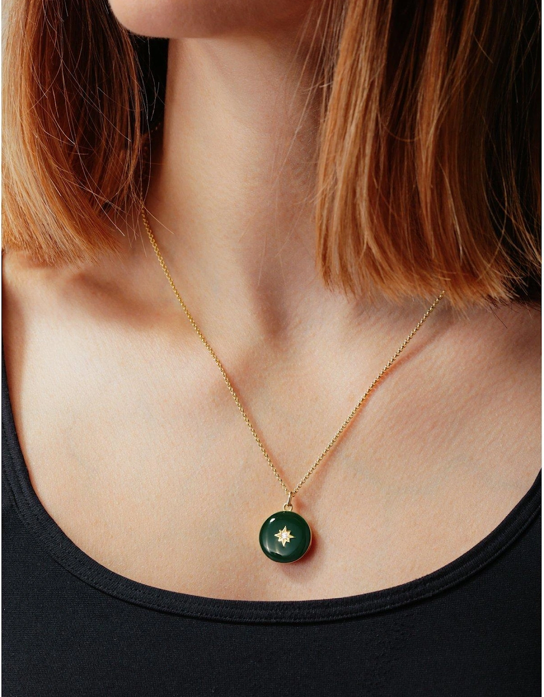 Gold Plated Sterling Silver Forest Green Enamel Cubic Zirconia Locket Pendant Necklace